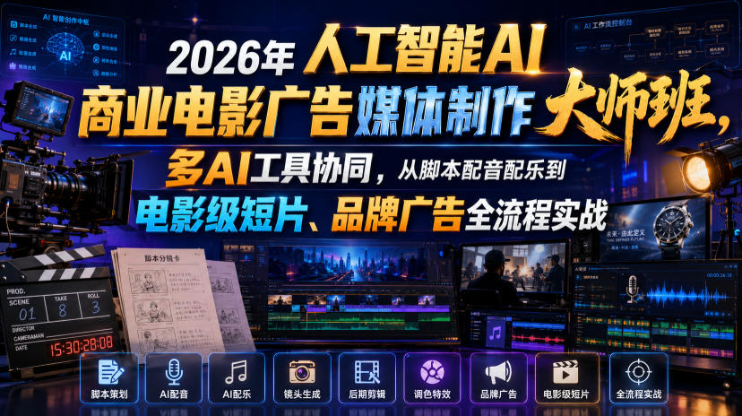 2026年人工智能AI商业电影广告媒体制作大师班,多AI工具协同,从脚本配音配乐到电影级短片、品牌广告全流程实战(中英字幕)-智云网