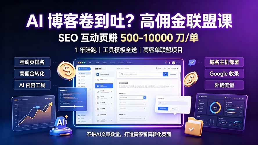 (19390期)AI 博客卷到吐?高佣金联盟课:SEO 互动页赚 500-10000 刀 单,1 年陪跑 + 工具模板全送-智云网