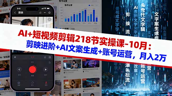AI+短视频剪辑218节实操课-10月:剪映进阶+AI文案生成+账号运营,月入2万-智云网