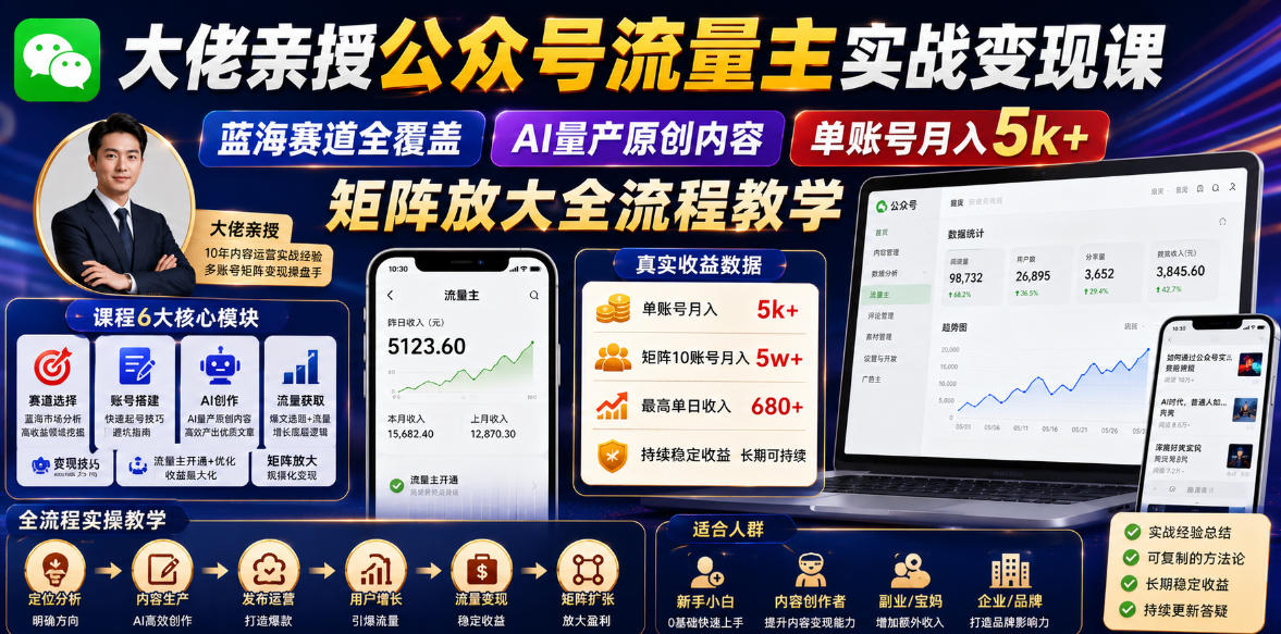 大佬亲授公众号流量主实战变现课，蓝海赛道全覆盖，AI量产原创内容，单账号月入5k+矩阵放大全流程教学-智云网