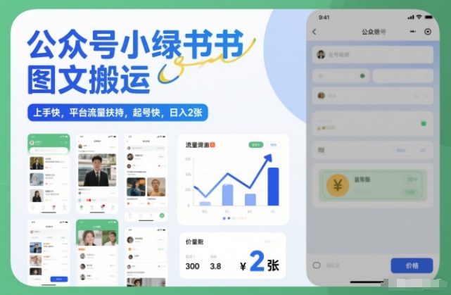 公众号小绿书图文搬运,上手快,平台流量扶持,起号快,日入2张