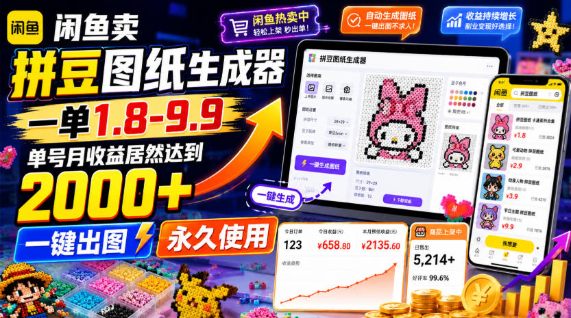 闲鱼卖拼豆图纸生成器，一单1.8-9.9，单号月收益居然达到2000+一键出图永久使用-智云网