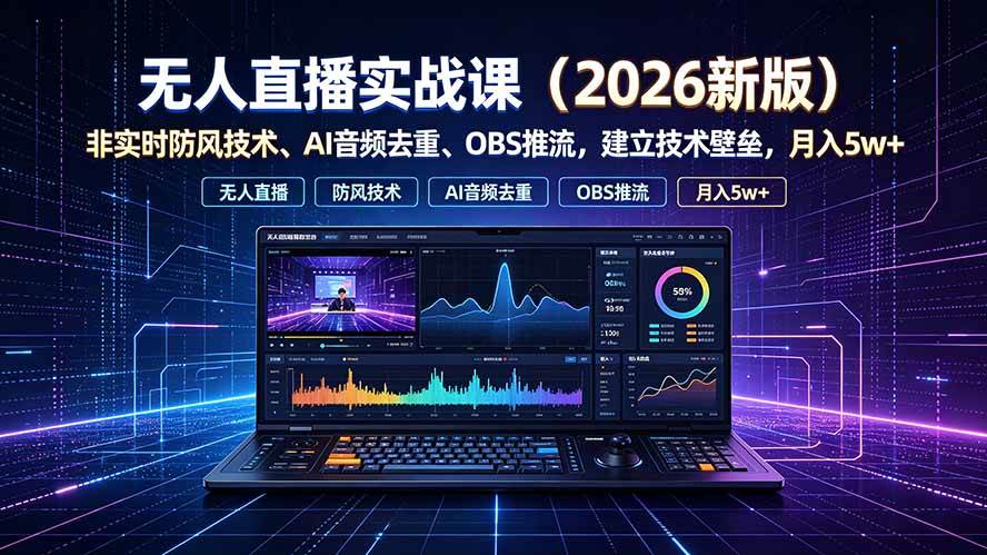 （19292期）无人直播实战课（更新7月），非实时防风技术、AI音频去重、OBS推流，建立技术壁垒，月入5w+-智云网