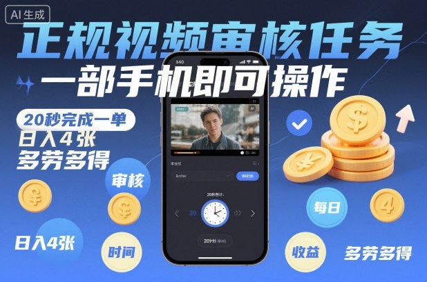 正规视频审核任务，一部手机即可操作，20秒完成一单，日入4张，多劳多得【揭秘】-智云网