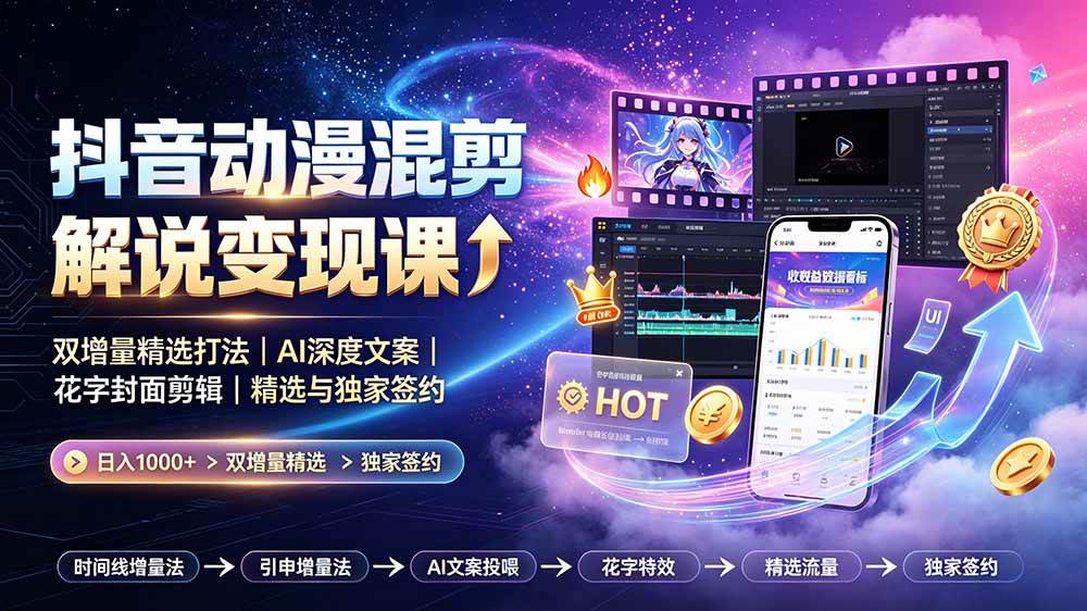 (19311期)抖音动漫混剪解说变现课:双增量精选打法|AI深度文案|花字封面剪辑| 精选与独家签约日入1000+-智云网