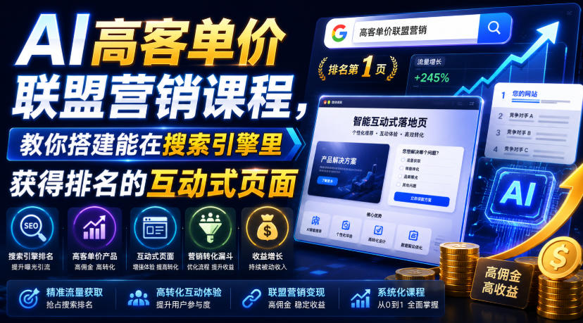 AI高客单价联盟营销课程,教你搭建能在搜索引擎里获得排名的互动式页面,引来流量,把访客转化为高佣金的成交【原创双语字幕】-智云网