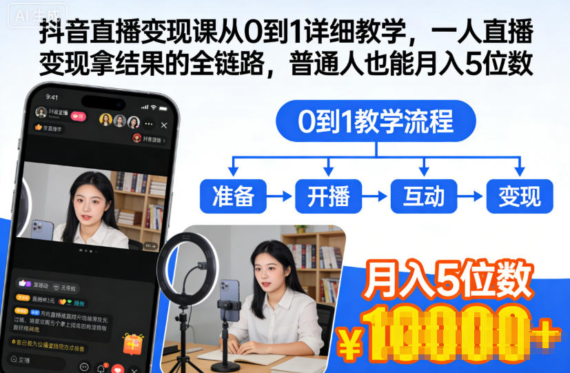 抖音直播变现课从0到1详细教学，一人直播变现拿结果的全链路，普通人也能月入5位数-智云网